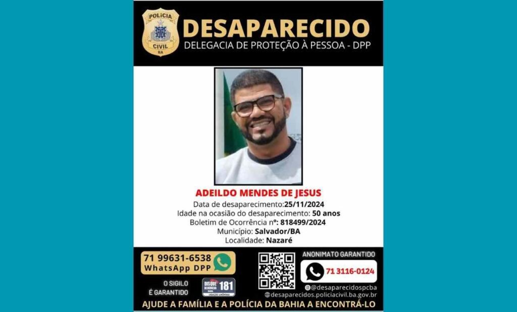 Qualquer informação sobre o paradeiro de Adeildo seja comunicada pelos telefones 181 / 71 3116-0124 ou diretamente em uma unidade policial.