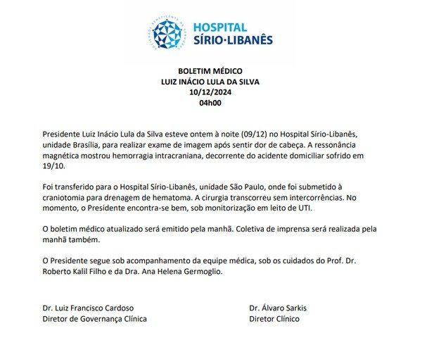 Lula passa por cirurgia para drenagem de hematoma e segue internado na UTI 1 boletim lula