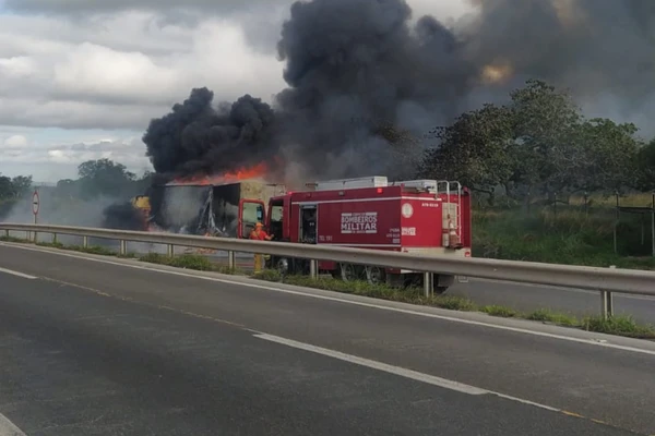 Carreta é tomada pelo fogo e provoca congestionamento nos dois sentidos da BR-116 carreta pegou fogo na br 116 3309310 article