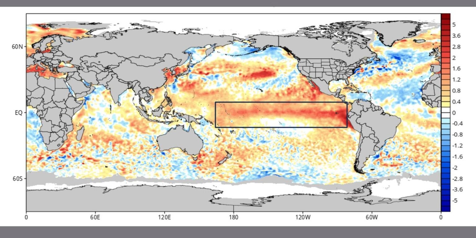 Painel indica que El Ninõ pode ser um dos mais intensos desde 1950 ilustracao identifica area de ocorrencia do el nino 0